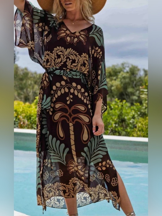 Other - Women’s Semi Sheer Floral V-Neck Beach Coverup Dress - Taupe & Dusty Blue Belt